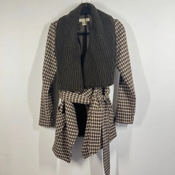 Vintage Stetson Brown Houndstooth Wool Blend Knit Collar Belted Coat Size S - Picture 2 of 14